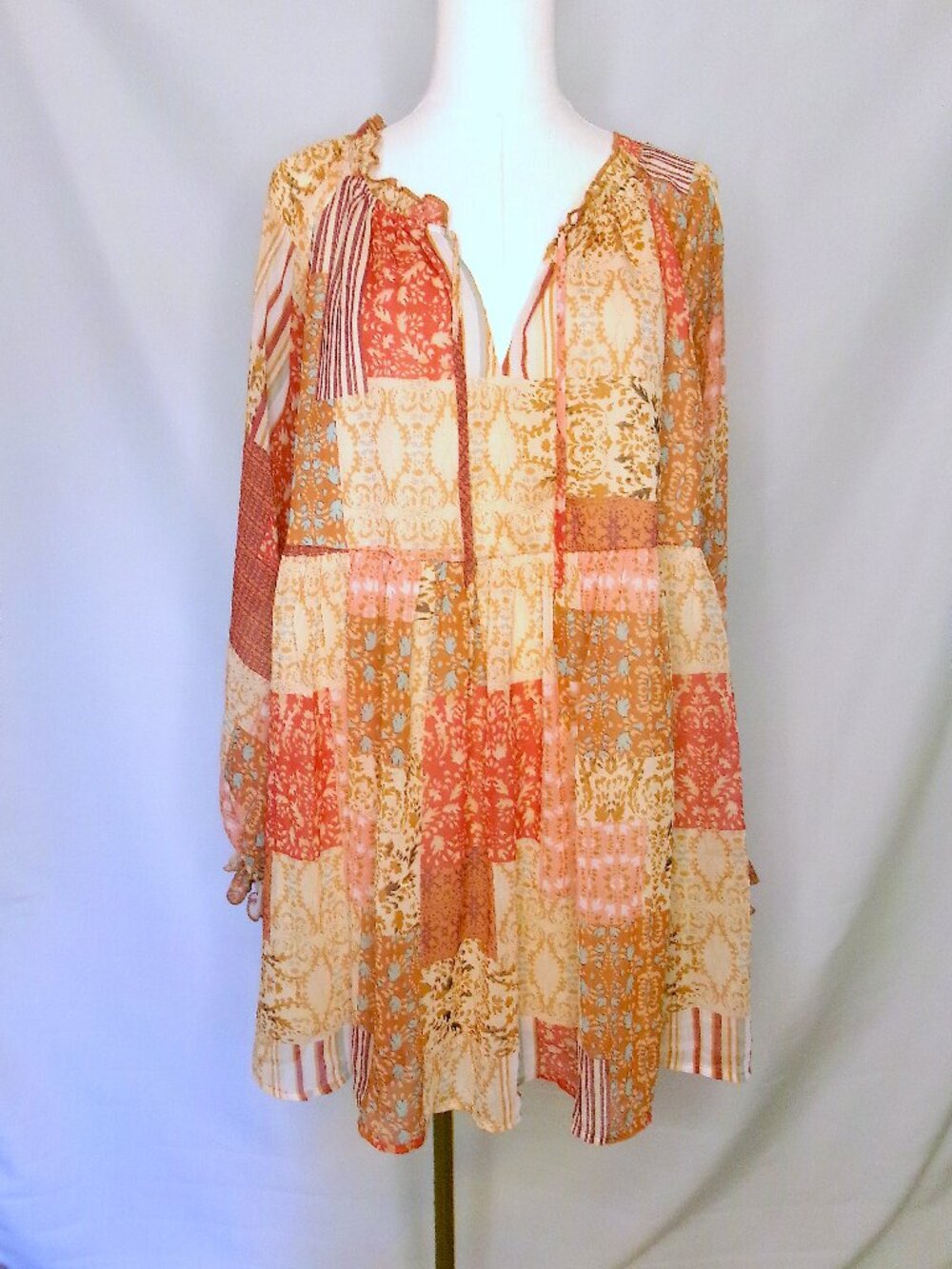 Aakaa Boho Patchwork Babydoll Dress Medium Flowy Peasant Sleeve Cottagecore